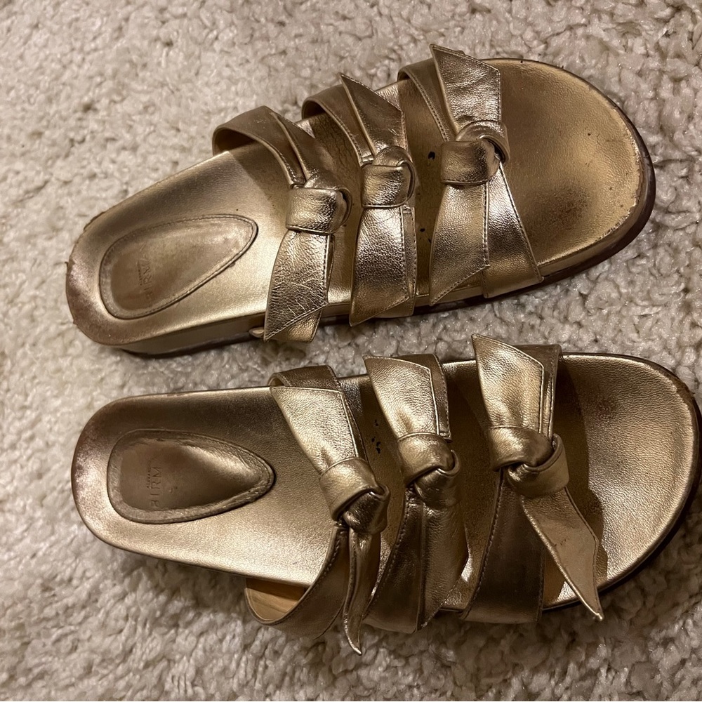 Alexandre Birman gold triple bowl slide sandals, size 37